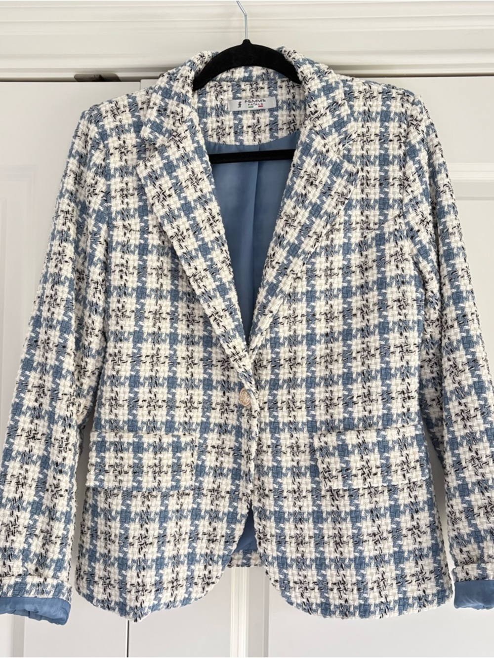 Femme Fatale Tweed Blazer Size 1 Blue Black White Classic Chic Jacket